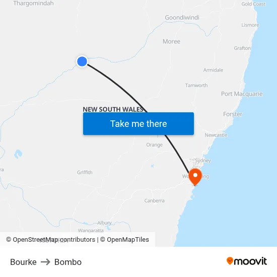 Bourke to Bombo map