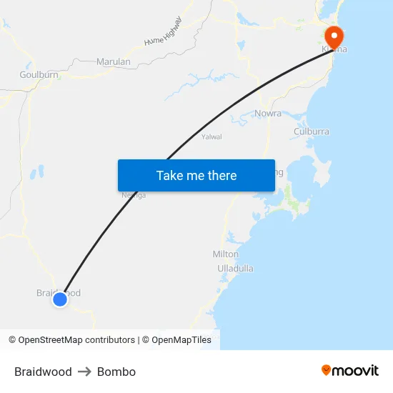 Braidwood to Bombo map