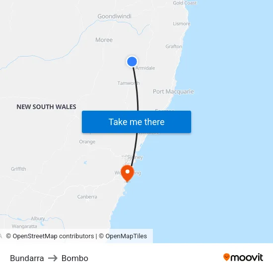Bundarra to Bombo map