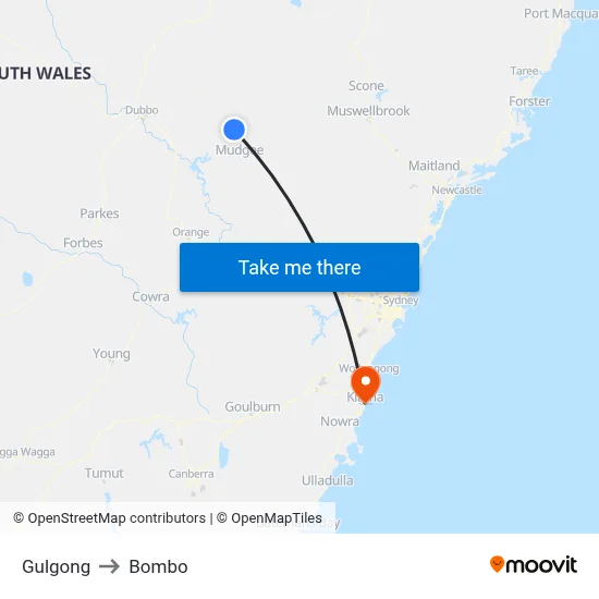 Gulgong to Bombo map