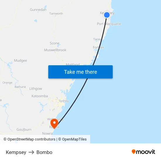 Kempsey to Bombo map
