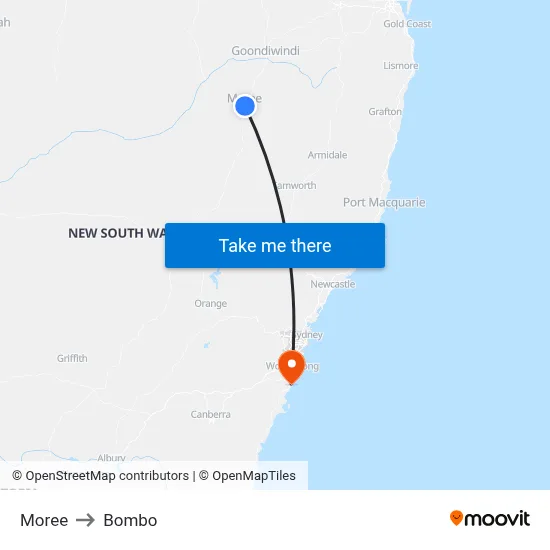 Moree to Bombo map
