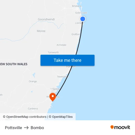 Pottsville to Bombo map