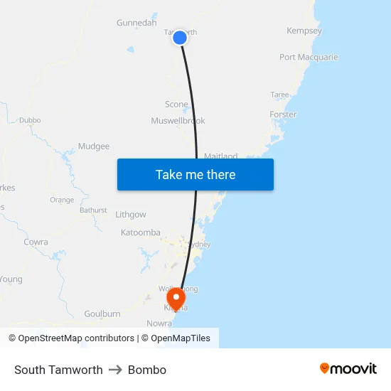 South Tamworth to Bombo map