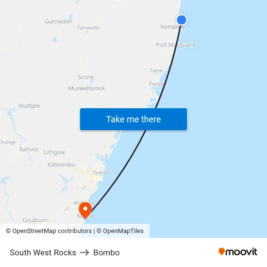 South West Rocks to Bombo map