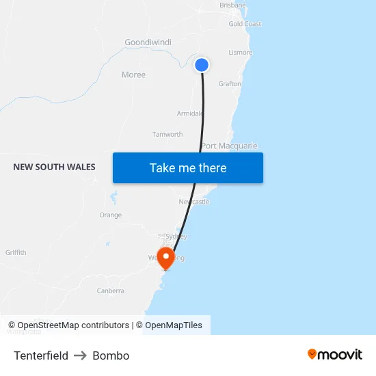 Tenterfield to Bombo map