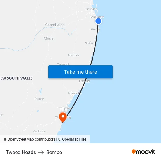 Tweed Heads to Bombo map