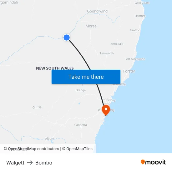 Walgett to Bombo map