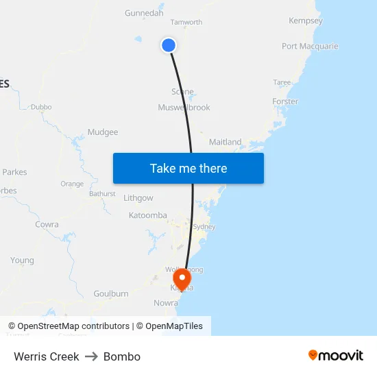 Werris Creek to Bombo map