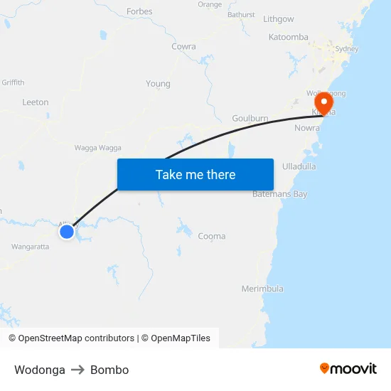 Wodonga to Bombo map