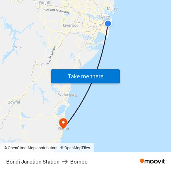 Bondi Junction Station to Bombo map