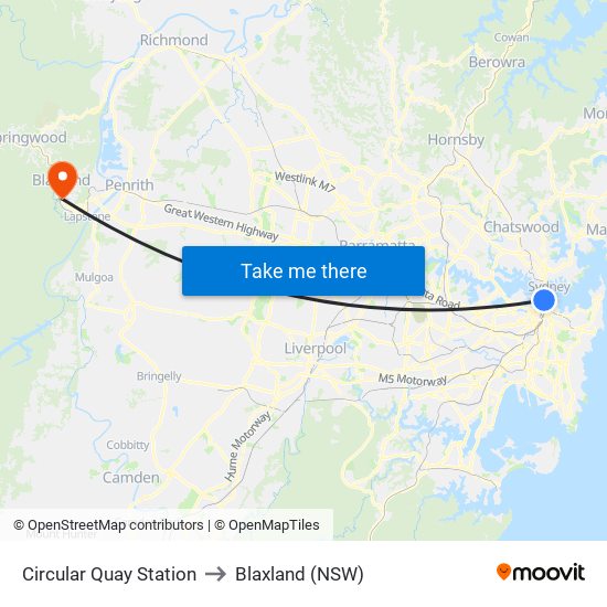 Circular Quay Station to Blaxland (NSW) map