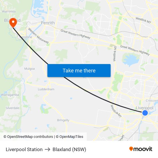 Liverpool Station to Blaxland (NSW) map