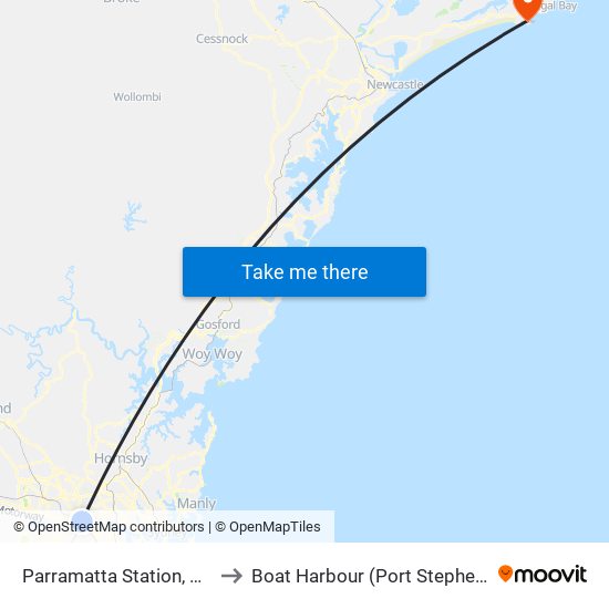 Parramatta Station, Stand A3 to Boat Harbour (Port Stephens - NSW) map