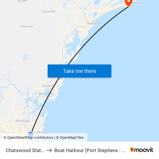 Chatswood Station to Boat Harbour (Port Stephens - NSW) map