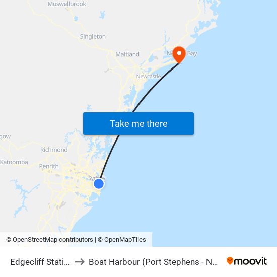 Edgecliff Station to Boat Harbour (Port Stephens - NSW) map