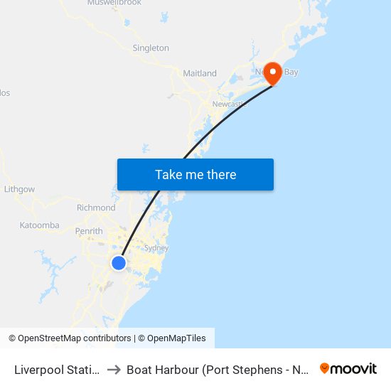 Liverpool Station to Boat Harbour (Port Stephens - NSW) map