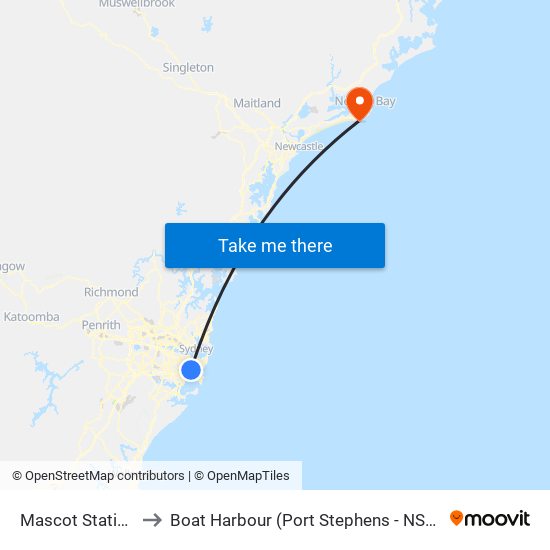 Mascot Station to Boat Harbour (Port Stephens - NSW) map