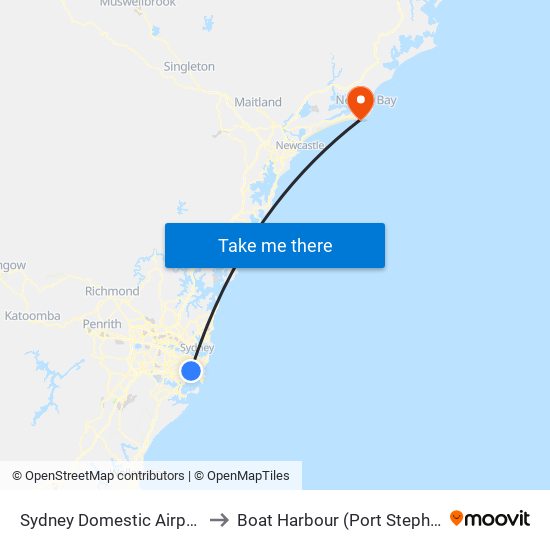 Sydney Domestic Airport Station to Boat Harbour (Port Stephens - NSW) map