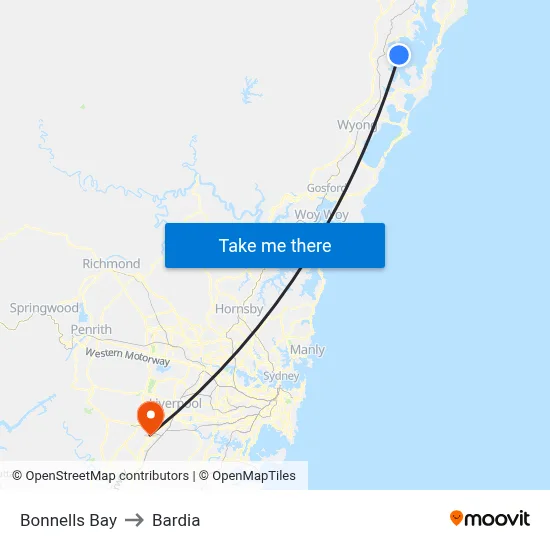 Bonnells Bay to Bardia map