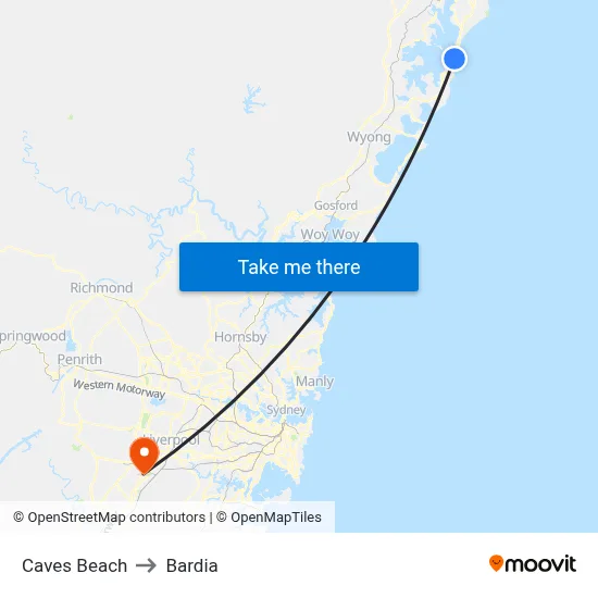 Caves Beach to Bardia map