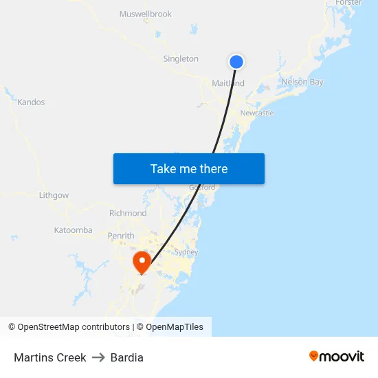 Martins Creek to Bardia map