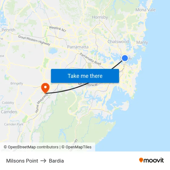 Milsons Point to Bardia map