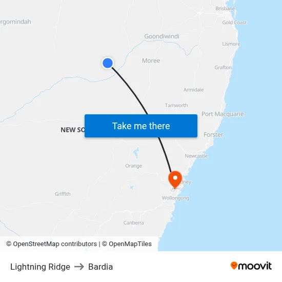 Lightning Ridge to Bardia map