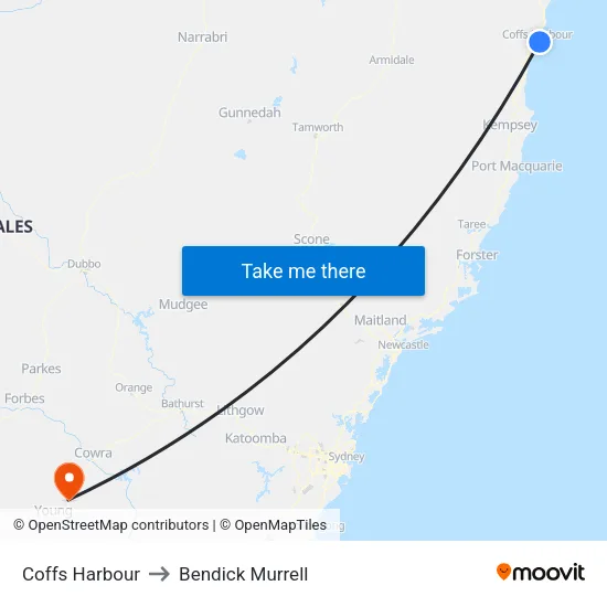 Coffs Harbour to Bendick Murrell map