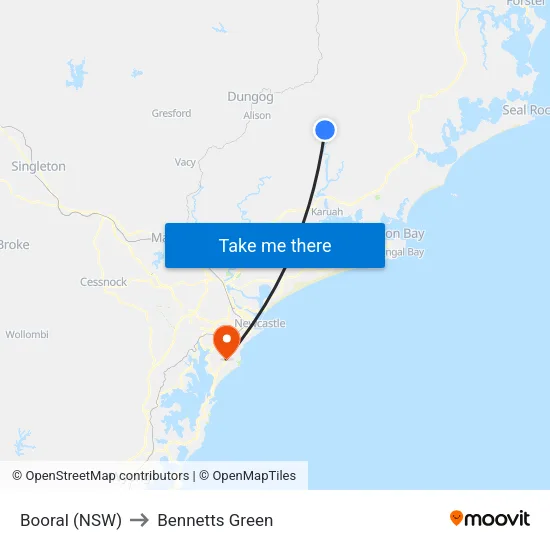 Booral (NSW) to Bennetts Green map