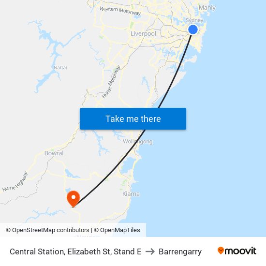 Central Station, Elizabeth St, Stand E to Barrengarry map