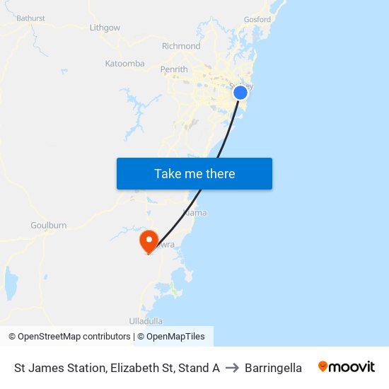 St James Station, Elizabeth St, Stand A to Barringella map