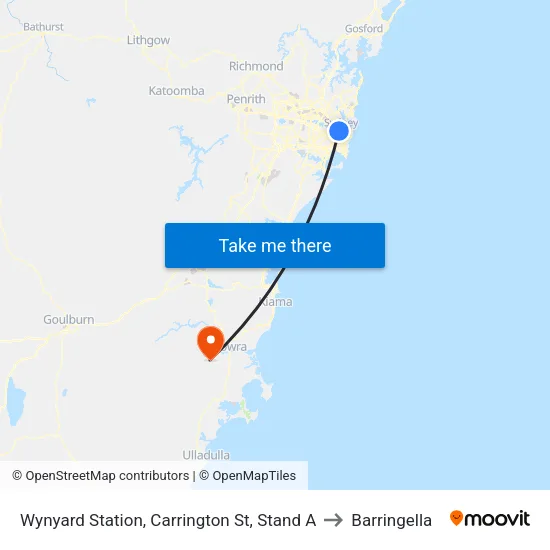 Wynyard Station, Carrington St, Stand A to Barringella map