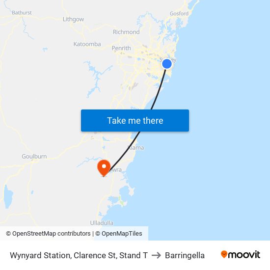 Wynyard Station, Clarence St, Stand T to Barringella map