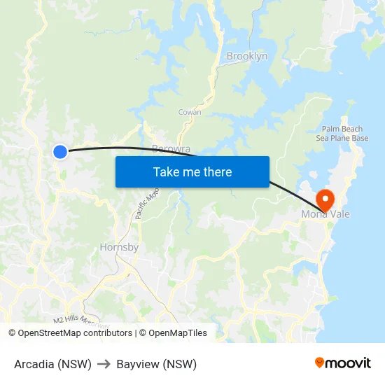 Arcadia (NSW) to Bayview (NSW) map