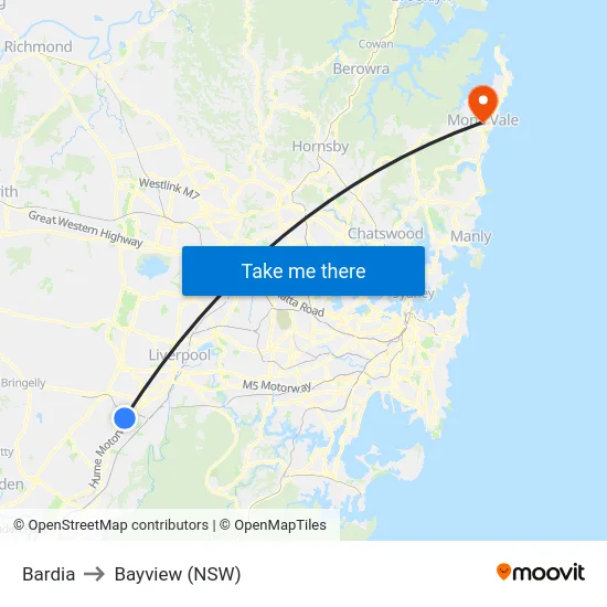 Bardia to Bayview (NSW) map