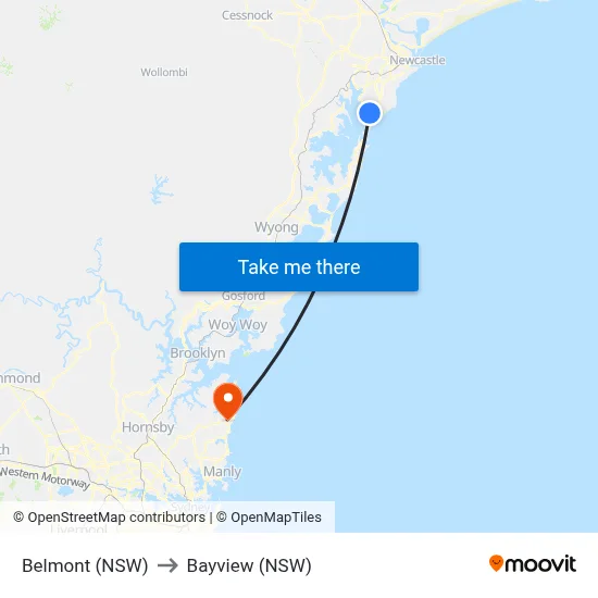 Belmont (NSW) to Bayview (NSW) map