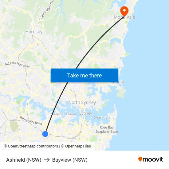 Ashfield (NSW) to Bayview (NSW) map
