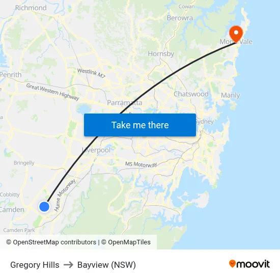 Gregory Hills to Bayview (NSW) map