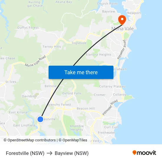 Forestville (NSW) to Bayview (NSW) map