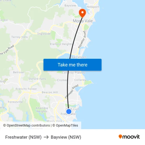 Freshwater (NSW) to Bayview (NSW) map