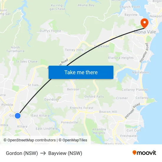 Gordon (NSW) to Bayview (NSW) map