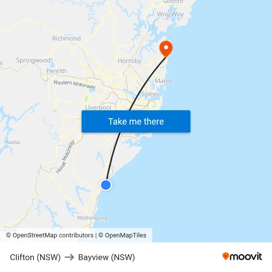 Clifton (NSW) to Bayview (NSW) map