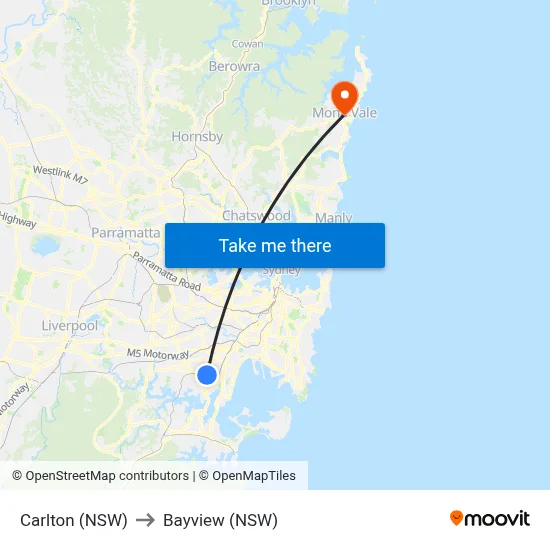 Carlton (NSW) to Bayview (NSW) map