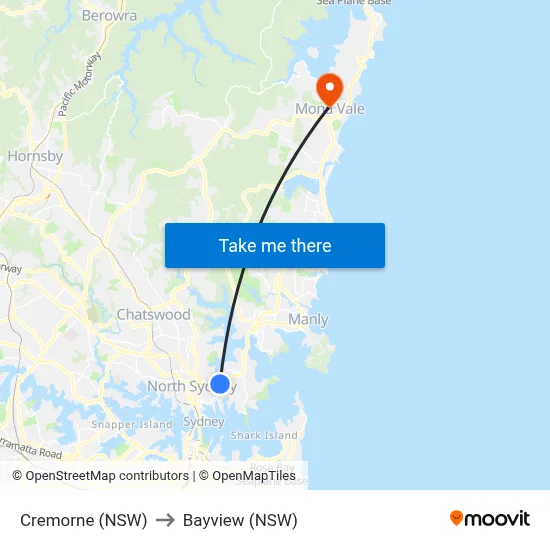 Cremorne (NSW) to Bayview (NSW) map