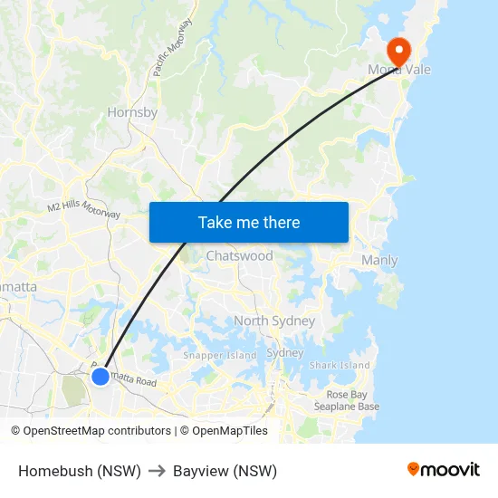 Homebush (NSW) to Bayview (NSW) map