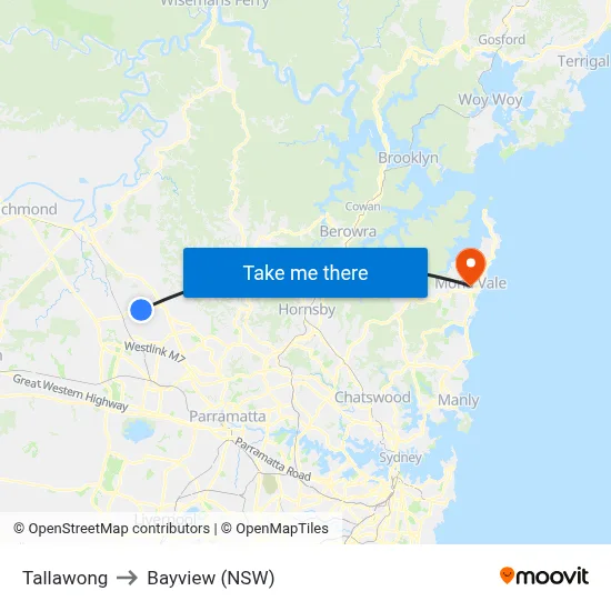 Tallawong to Bayview (NSW) map