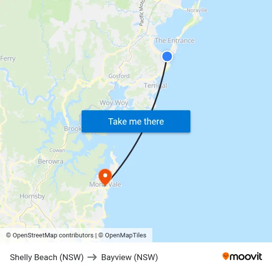 Shelly Beach (NSW) to Bayview (NSW) map
