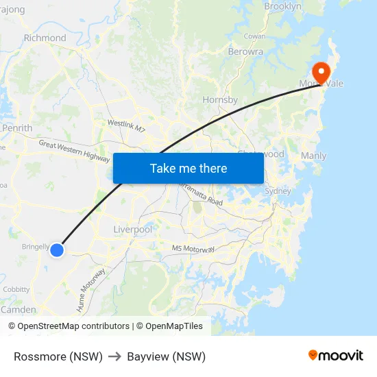 Rossmore (NSW) to Bayview (NSW) map