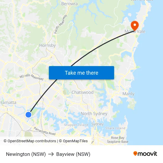 Newington (NSW) to Bayview (NSW) map